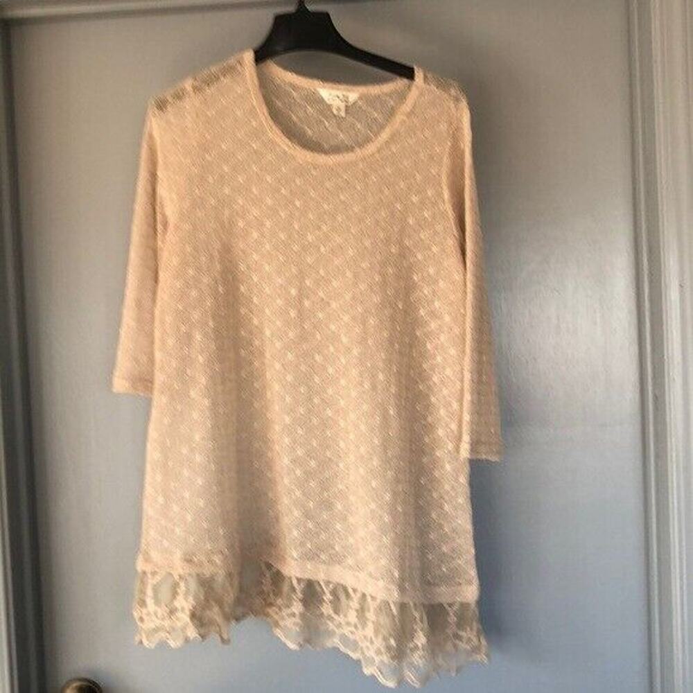 Krazy Kat Womens XL Top Tunic Sheer Wide Lace Hem 3/4 Sleeve Tan Scoop Neck
